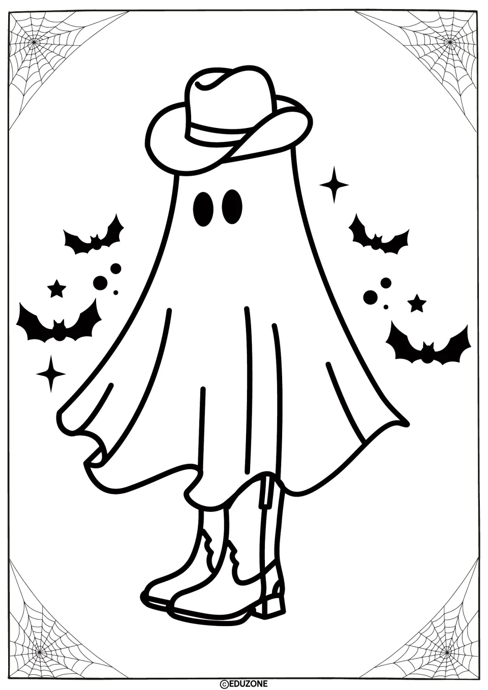 Cowboy ghost coloring page: students color a sheet ghost in a cowboy hat and boots surrounded by black bats and stars