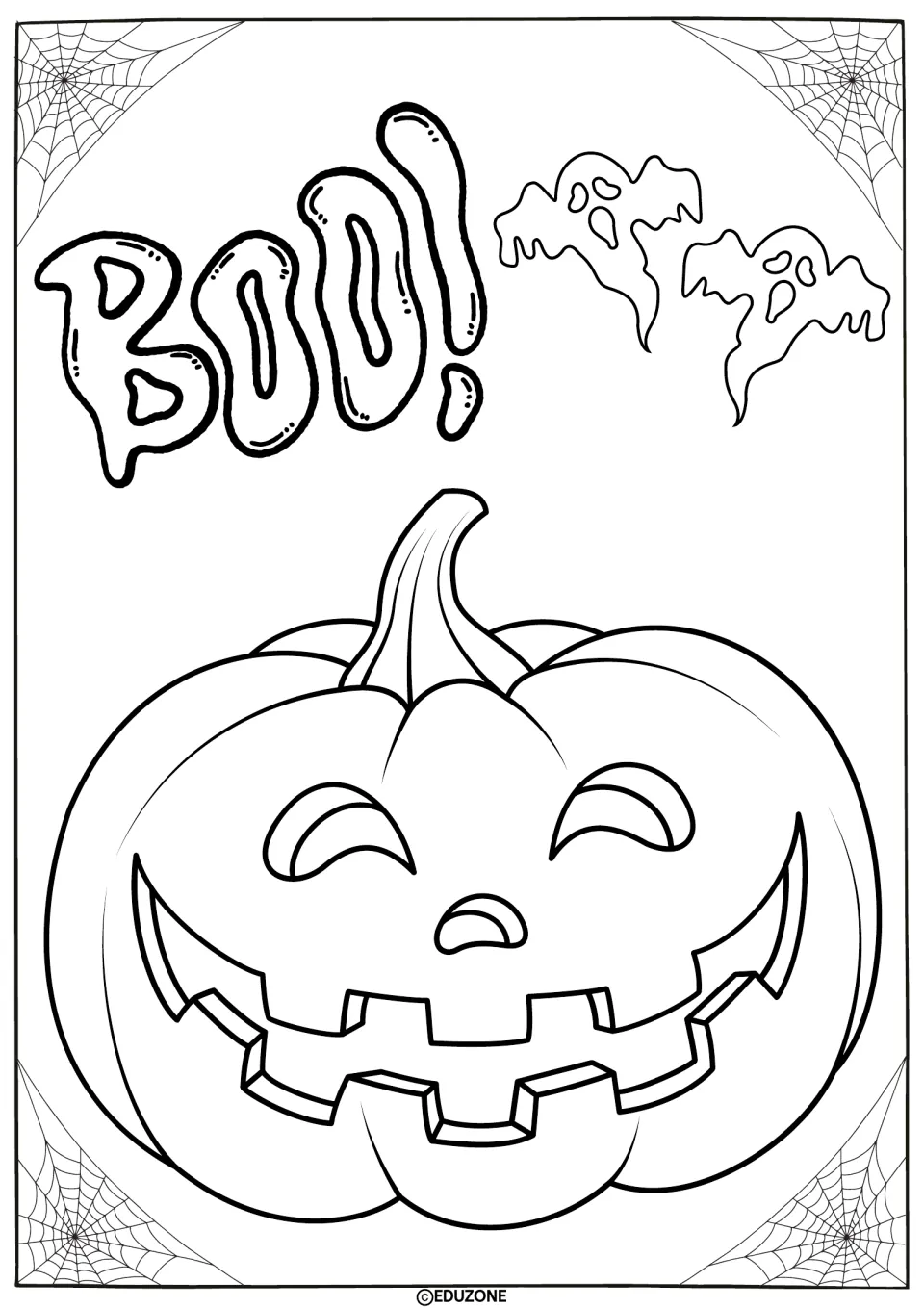 Boo! coloring page: students color the drippy word Boo!, two small floating ghosts and a grinning carved jack-o'-lantern