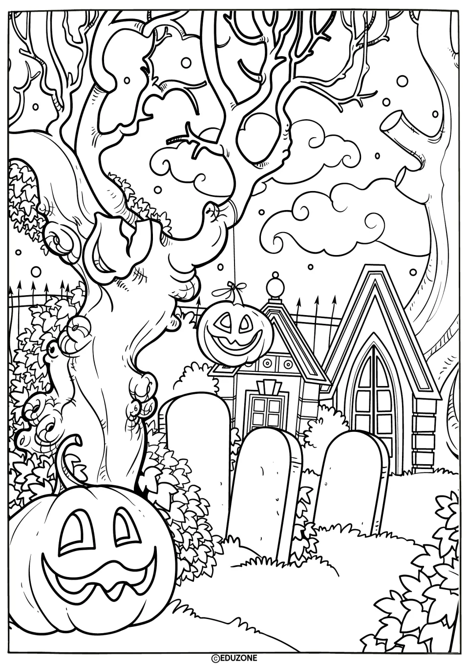 Graveyard scene coloring page: students color a twisted tree, tombstones, a gated house, clouds and two jack-o'-lanterns