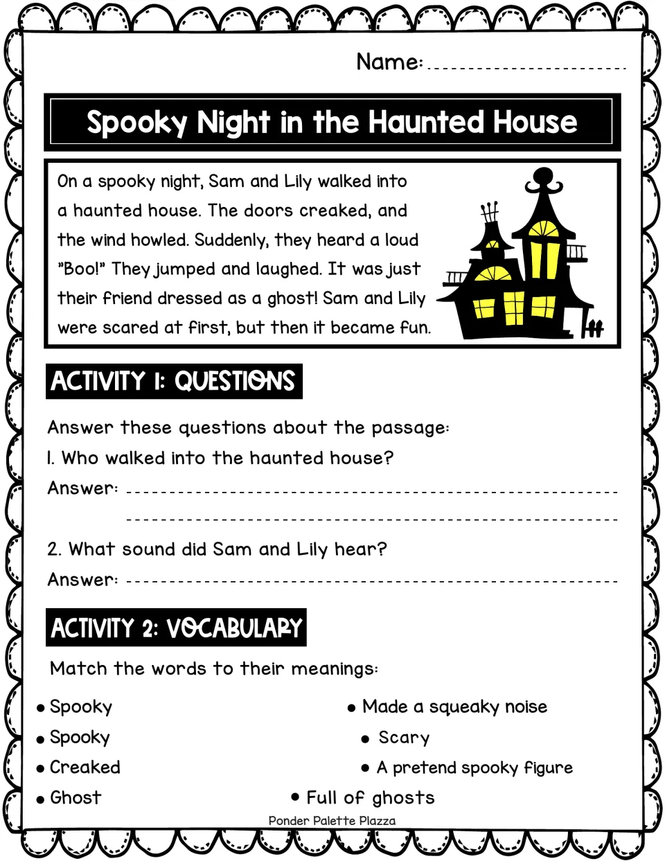 Haunted house story about Sam and Lily: students answer two comprehension questions and match four vocabulary words