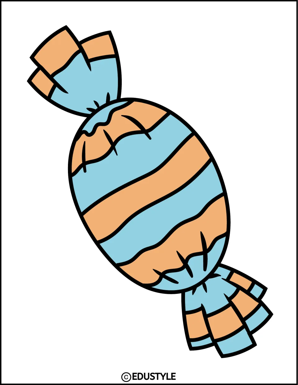 Halloween display cutout featuring one large oval wrapped candy with light blue and peach stripes