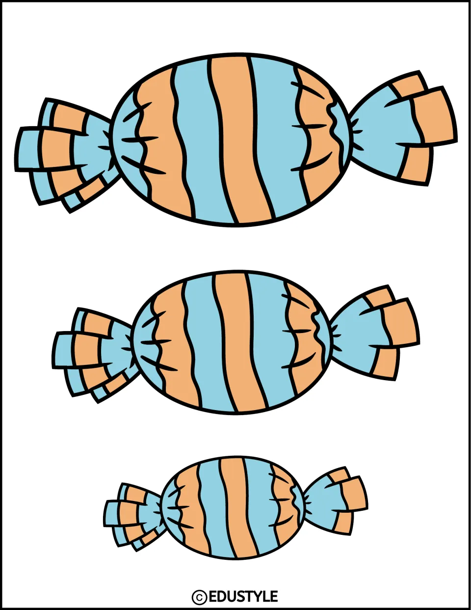Halloween display cutouts featuring three sizes of oval wrapped candy with light blue and peach stripes