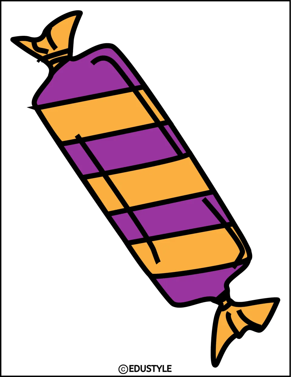 Halloween display cutout featuring one large elongated wrapped candy with purple and golden-orange stripes