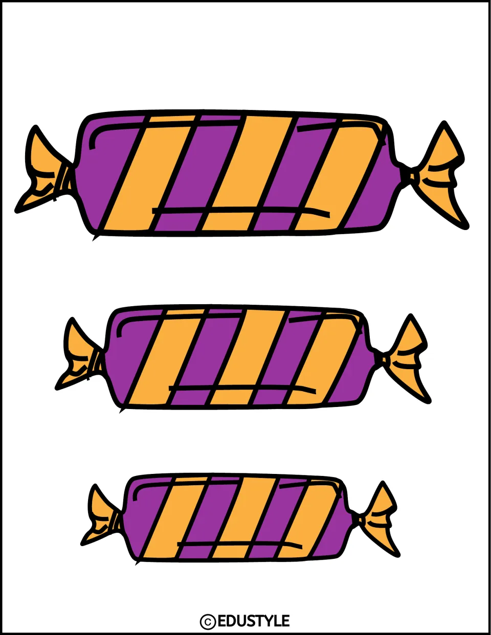 Halloween display cutouts featuring three sizes of elongated candy with purple and golden-orange stripes