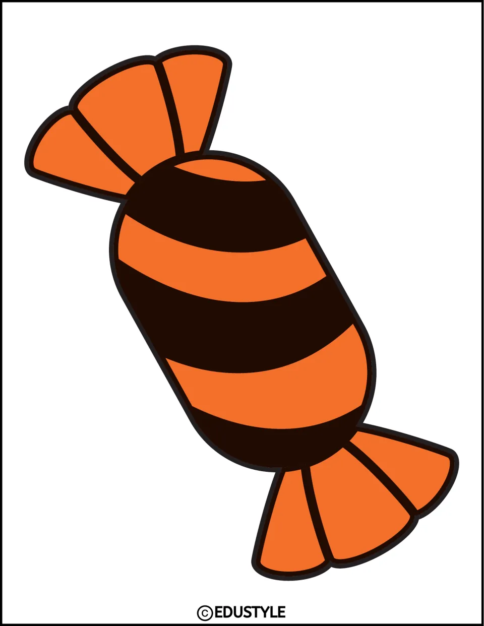 Halloween display cutout featuring one large wrapped candy with orange and dark brown curved stripes