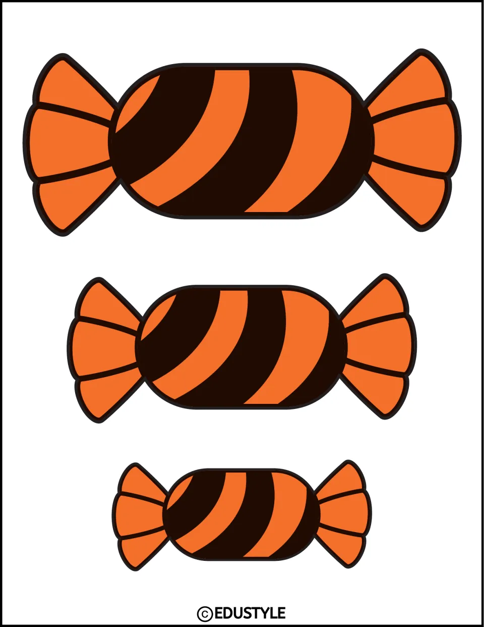 Halloween display cutouts featuring three sizes of wrapped candy with orange and dark brown curved stripes