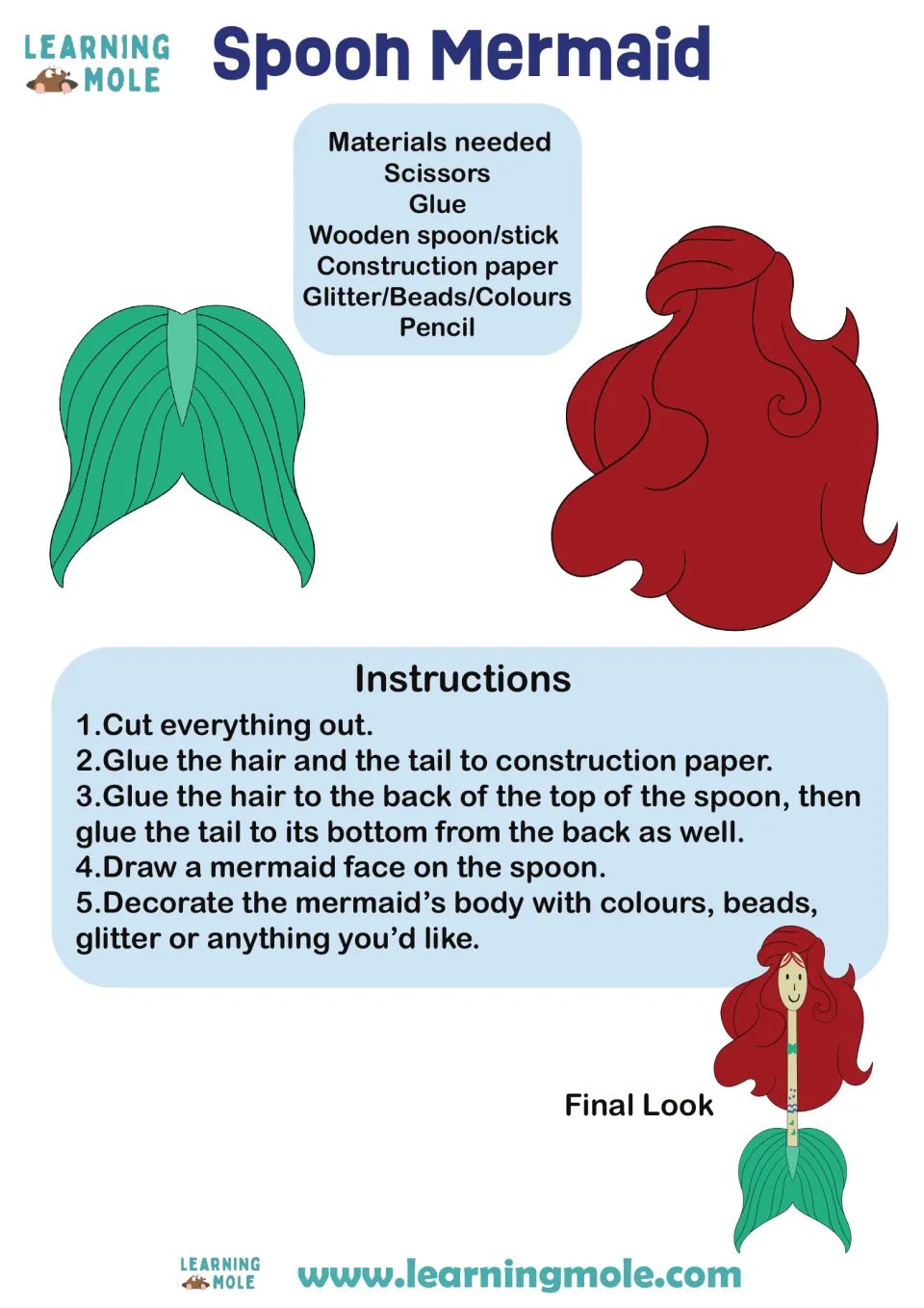 Spoon mermaid craft: students cut out a green tail and red hair, glue them to a wooden spoon, draw a face and decorate