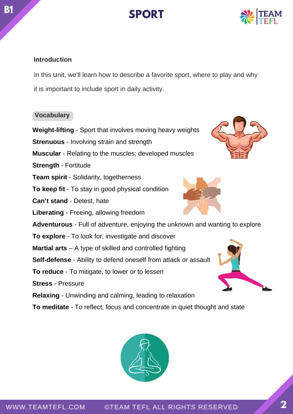 Sports lesson introduction and 16 vocabulary definitions, including weight-lifting, team spirit, and stress.