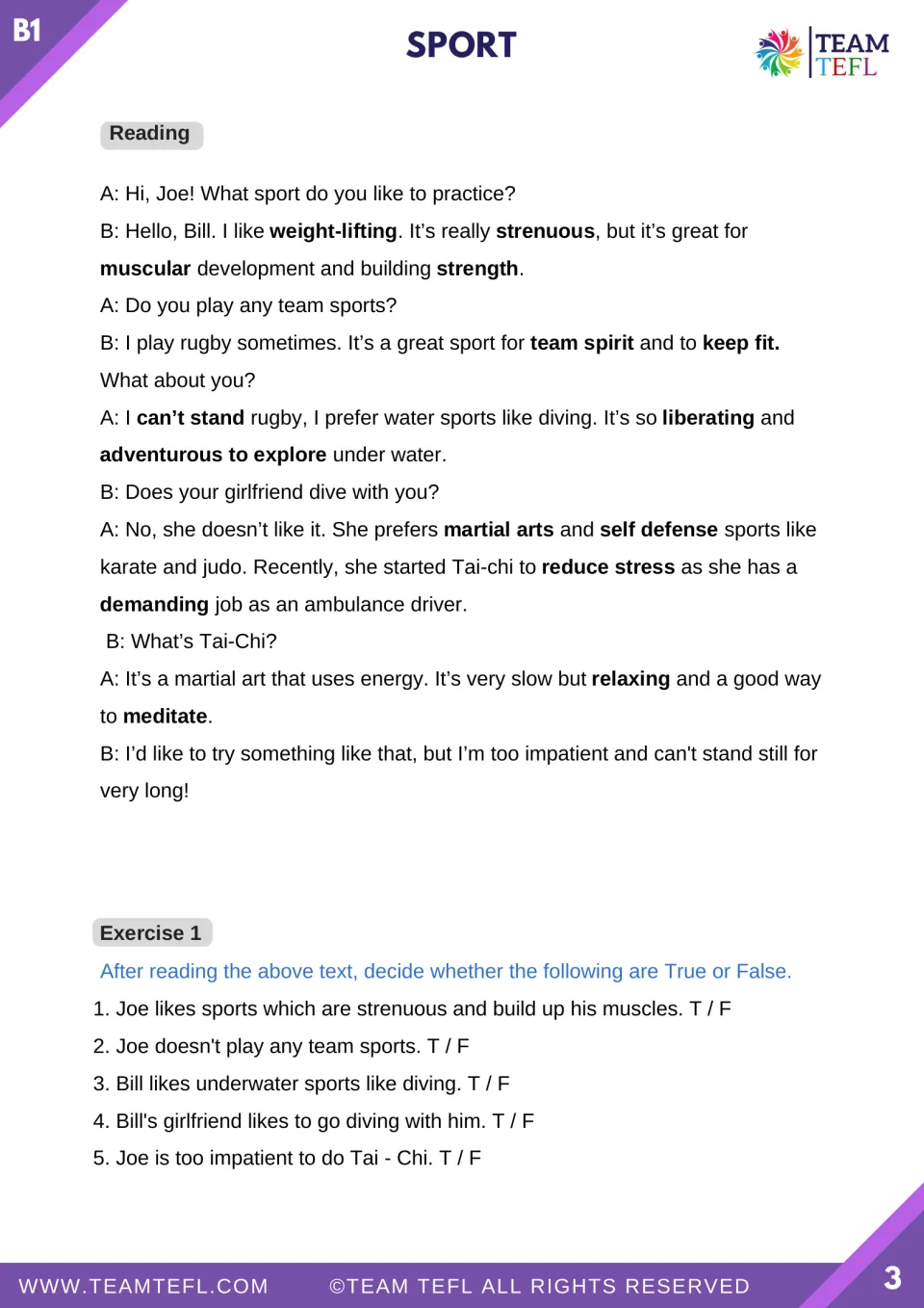 Sports reading dialogue between Bill and Joe about weight-lifting, rugby, diving, and tai chi; five true-or-false items.