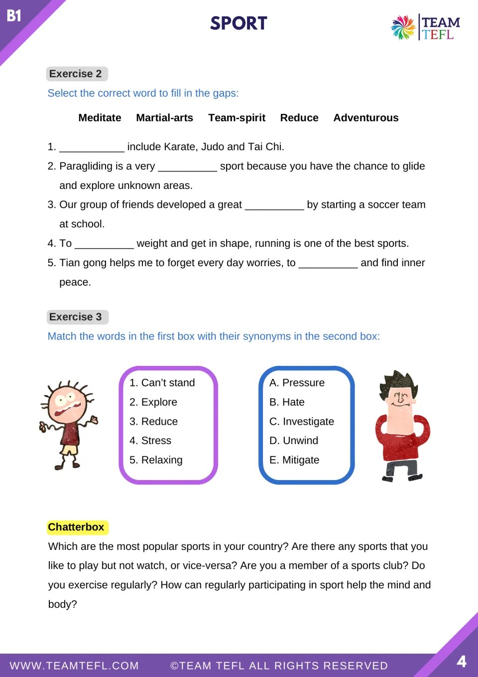 Sports vocabulary practice: five fill-in-the-blank items, five synonym matches, and Chatterbox discussion questions.