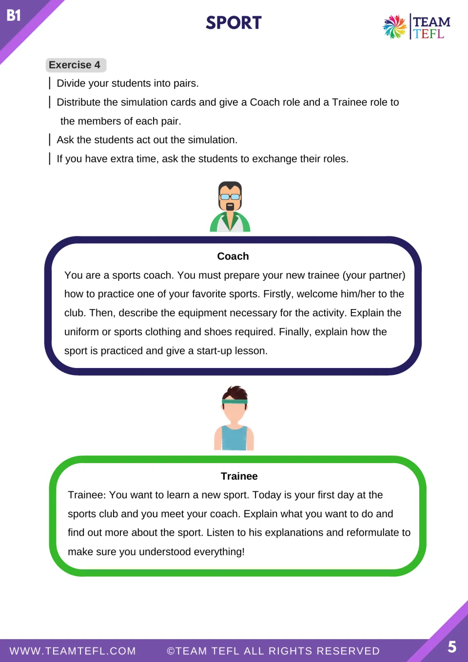 Sports role-play cards for a coach and trainee cover equipment, clothing, a first lesson, and checking understanding.