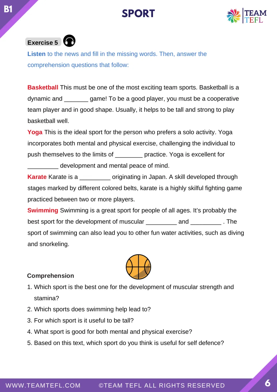 Sports listening exercise on basketball, yoga, karate, and swimming, with gaps and five comprehension questions.