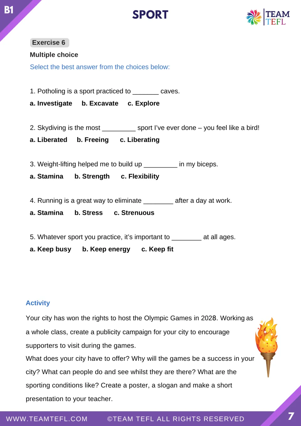 Sports lesson finale: five multiple-choice items and a class campaign with a poster and slogan for the 2028 Olympics.
