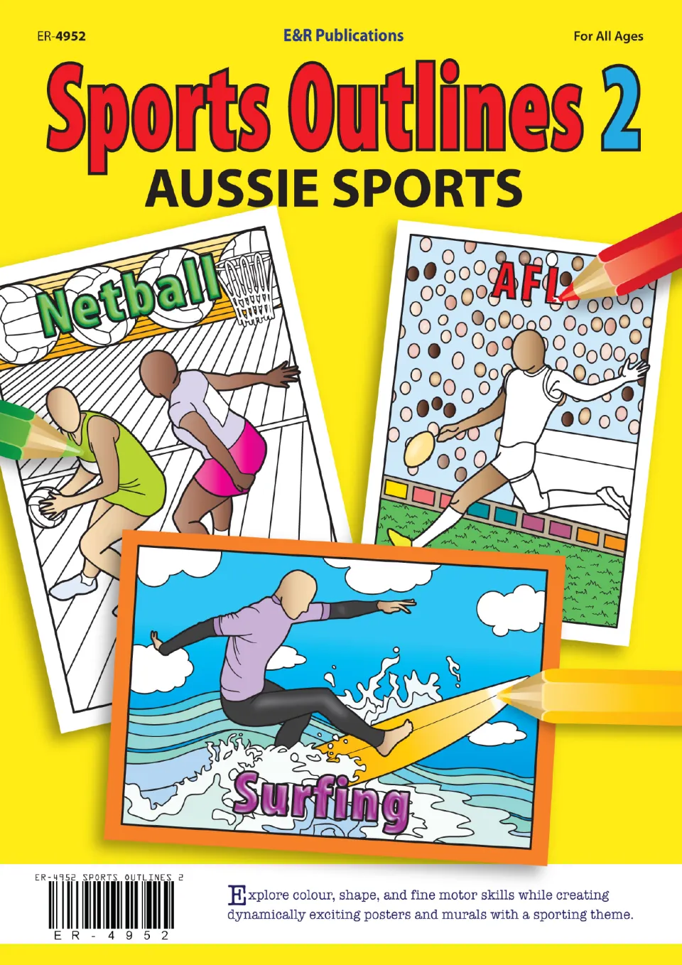 Sports Outlines 2 Aussie Sports cover showing coloured netball, AFL and surfing posters to colour, with pencils