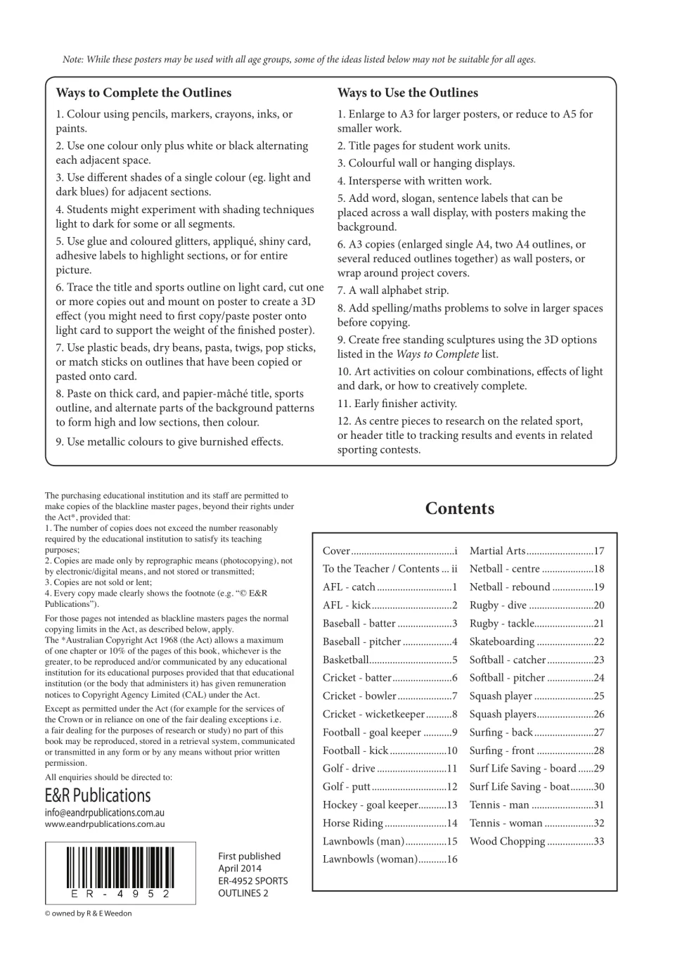 Teacher notes listing ways to complete and use the sports outlines, plus a contents list of 33 pages and copying terms