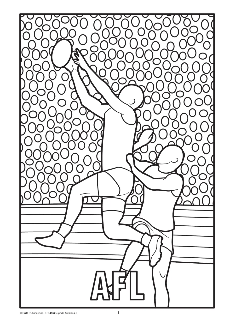 AFL outline of two players leaping for the ball in front of a crowd of oval spectators, for students to colour in