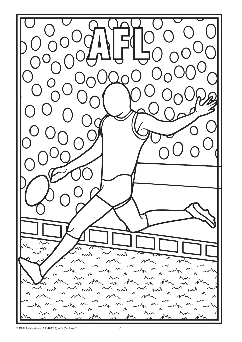 AFL outline of a player kicking the ball, with a crowd of circles and a grassy ground to colour and shade