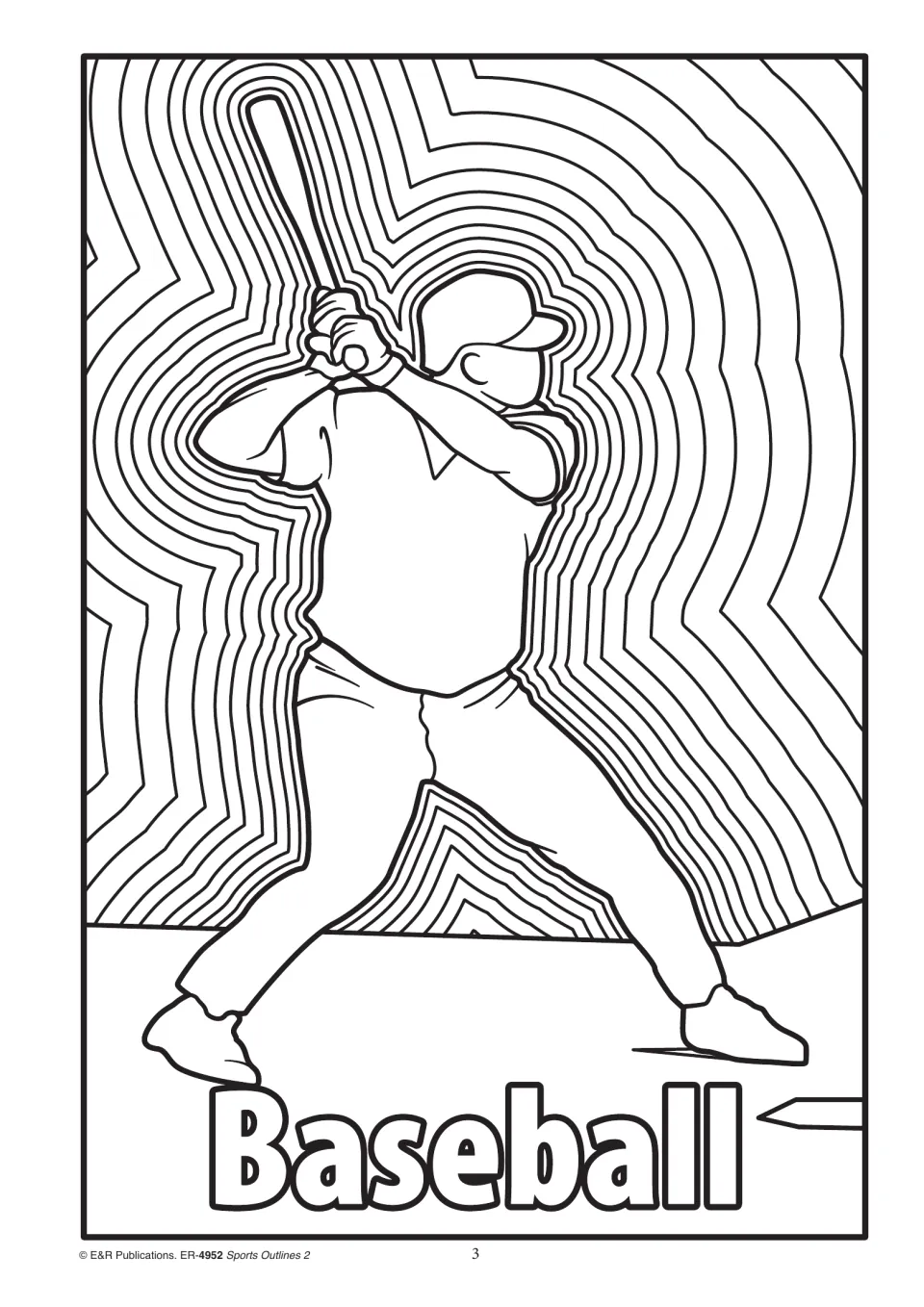 Baseball outline of a batter in stance with a bat, ringed by zigzag bands of pattern for students to colour in