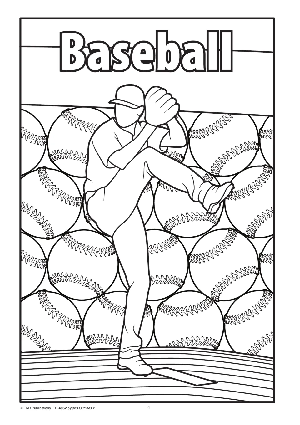 Baseball outline of a pitcher lifting a knee mid-windup in front of rows of stitched baseballs to colour in