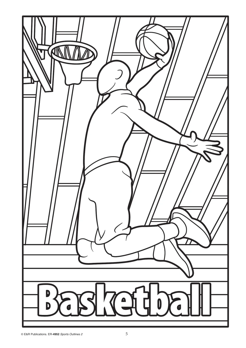 Basketball outline of a player leaping to dunk the ball at the hoop, with angled court lines to colour in