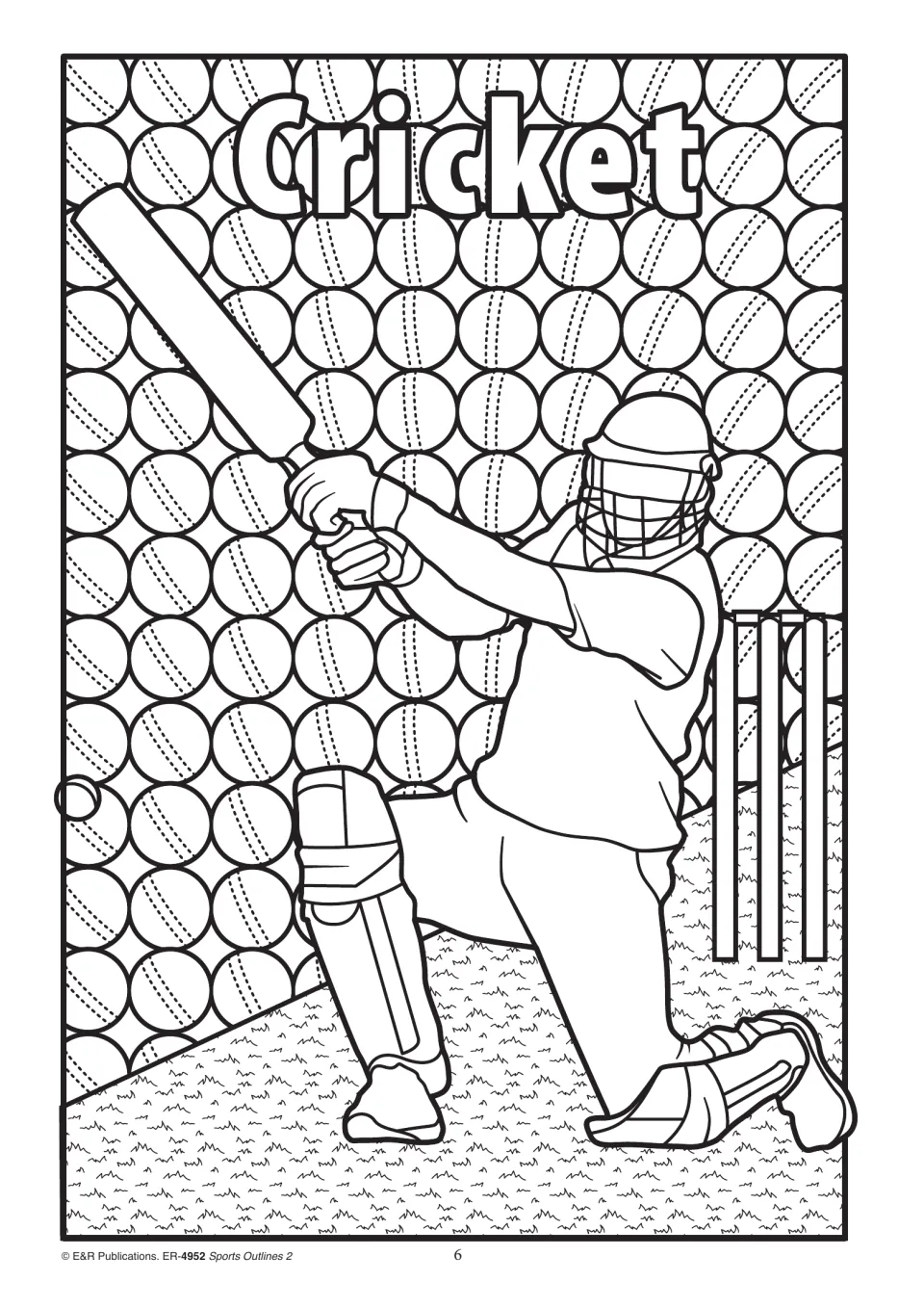 Cricket outline of a batter swinging a bat, with stumps and a background of patterned cricket balls to colour in