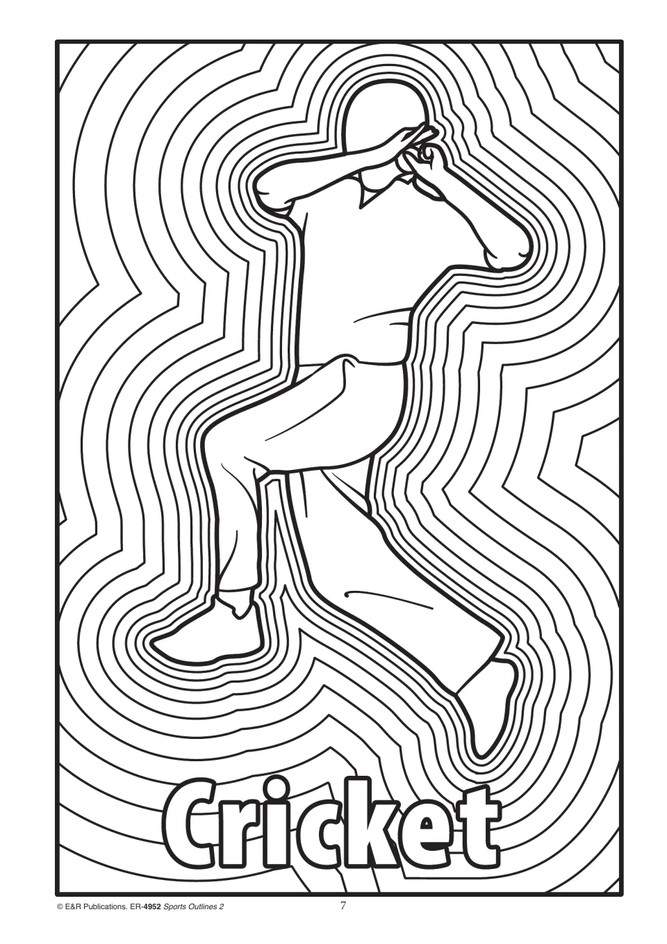 Cricket outline of a bowler mid-delivery, surrounded by wavy bands of line pattern for students to colour in