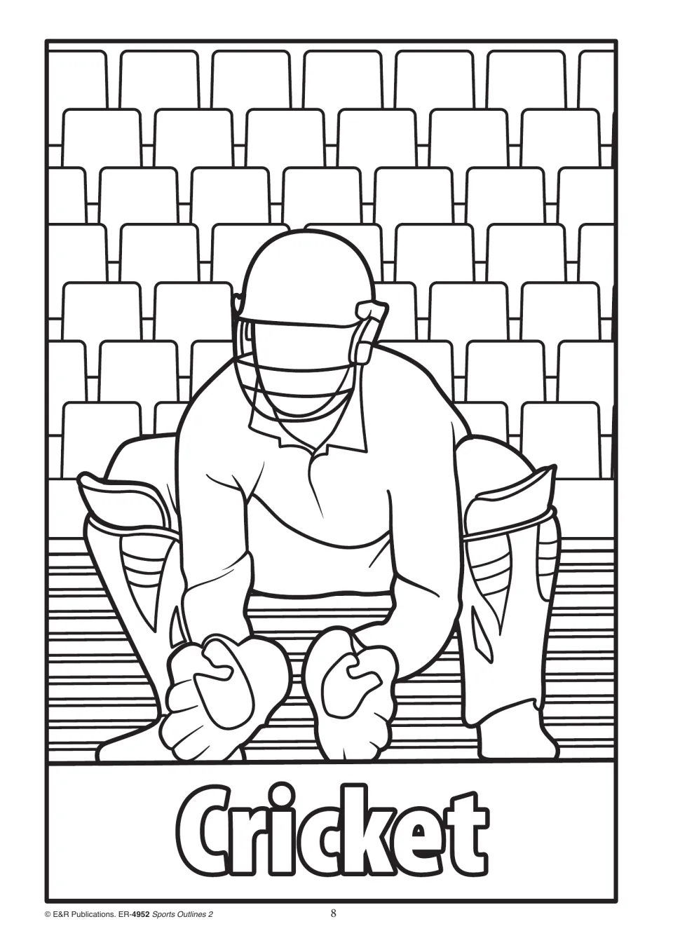 Cricket outline of a wicketkeeper crouching in helmet, pads and gloves in front of stadium seats, ready to colour in