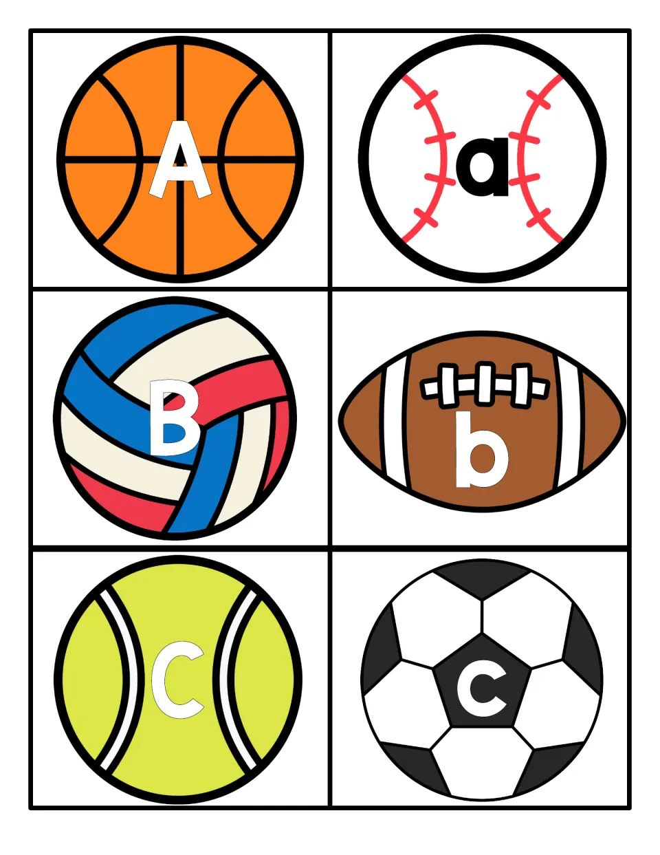 Letter matching cards for A, B and C: capitals on a basketball, volleyball and tennis ball; lowercase on other balls
