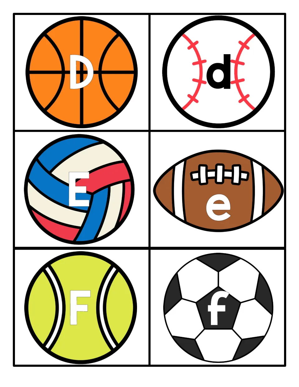 D, E and F letter cards: uppercase on basketball, volleyball, tennis ball; lowercase on baseball, football, soccer ball