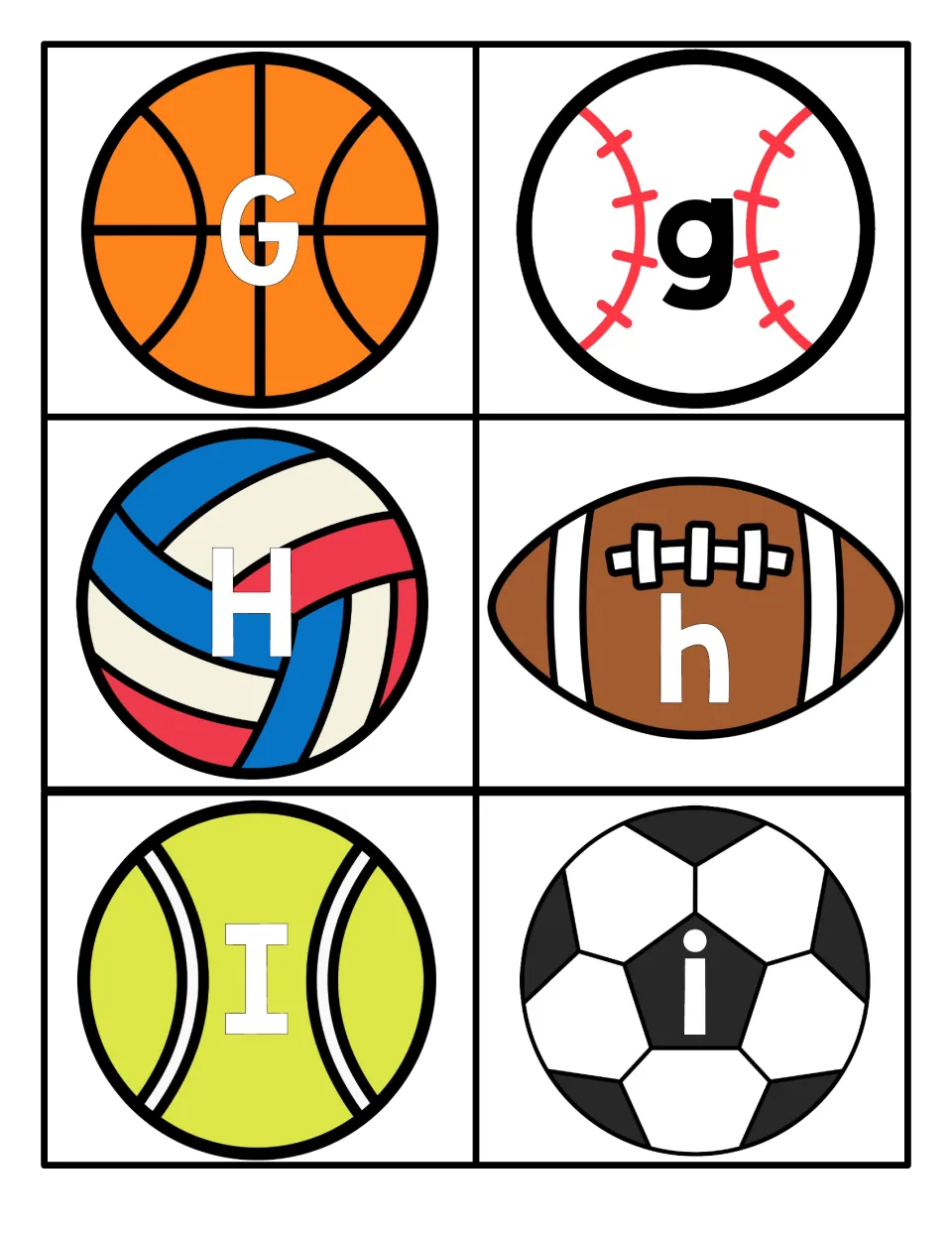 G, H and I matching cards: G, H, I on basketball, volleyball, tennis ball; g, h, i on baseball, football, soccer ball