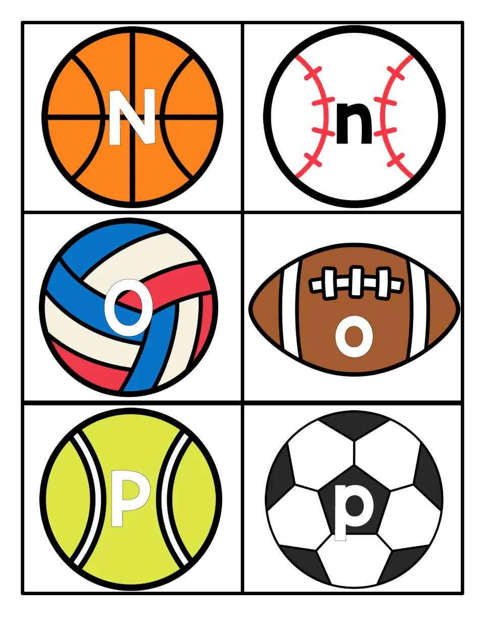 Letter cards N, O and P: capitals on basketball, volleyball, tennis ball; lowercase on baseball, football, soccer ball