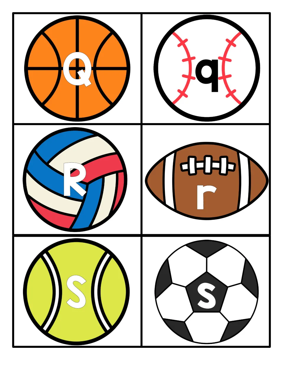 Q, R and S case-matching cards: Q, R, S on basketball, volleyball, tennis ball; q, r, s on baseball, football, soccer ball