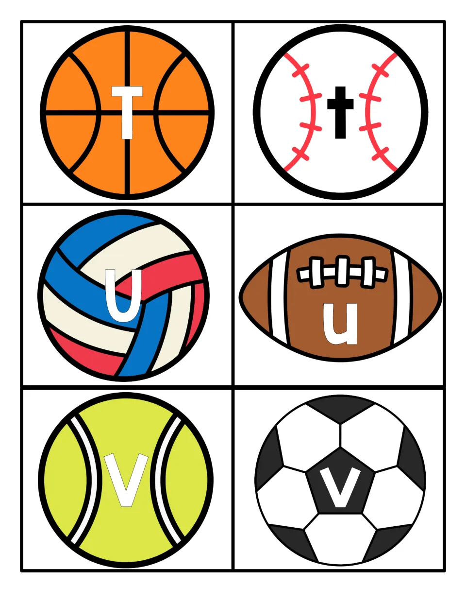 Alphabet cards T, U and V: T, U, V on basketball, volleyball, tennis ball; t, u, v on baseball, football, soccer ball