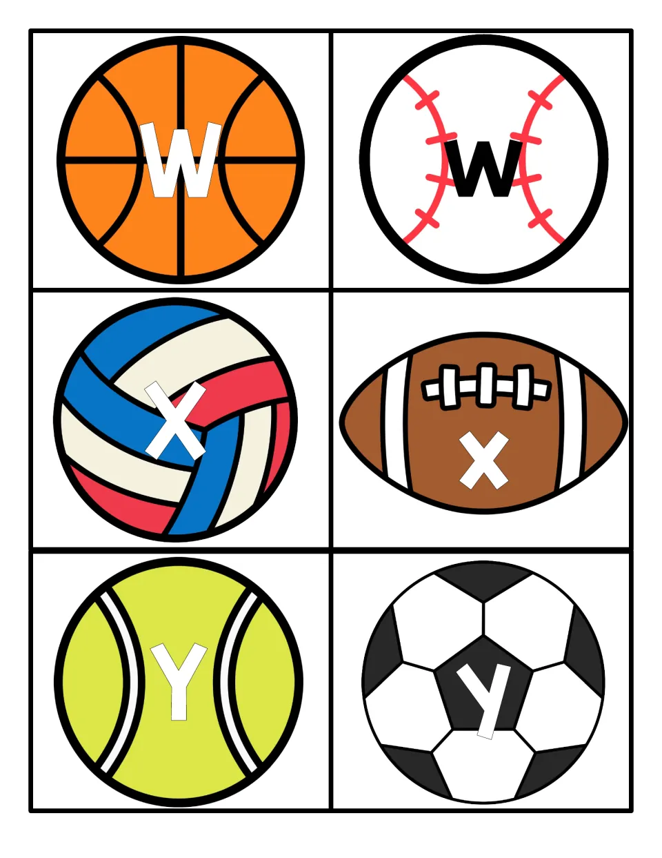 W, X and Y to pair up: W, X, Y on basketball, volleyball, tennis ball; w, x, y on baseball, football, soccer ball