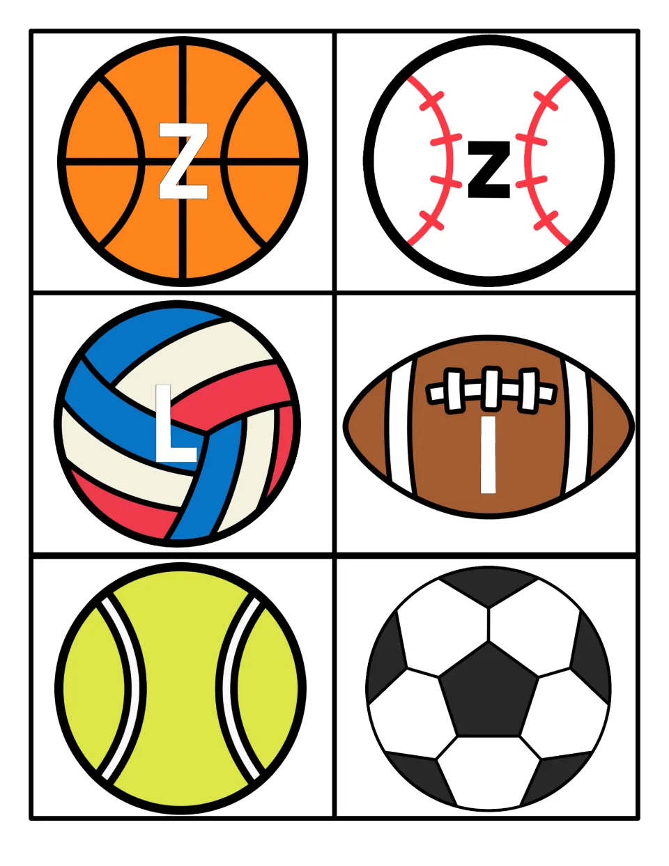 Z and L pairs: Z basketball, z baseball, L volleyball, l football; tennis ball and soccer ball cards left blank