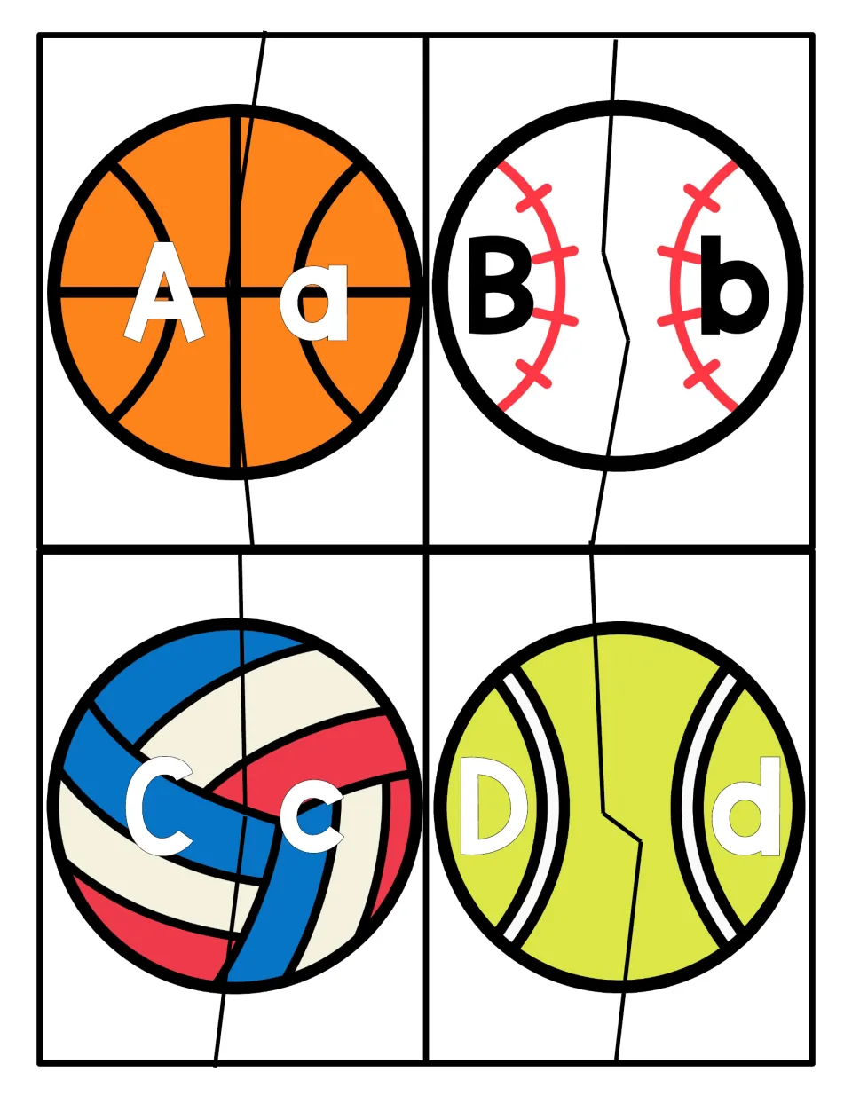 Letters A to D: students cut apart basketball, baseball, volleyball and tennis ball puzzles to match uppercase to lowercase