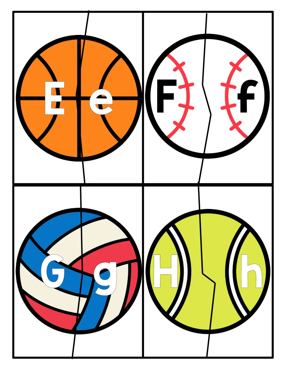 Letters E to H: two-piece sports ball puzzles where students join each uppercase letter with its lowercase partner