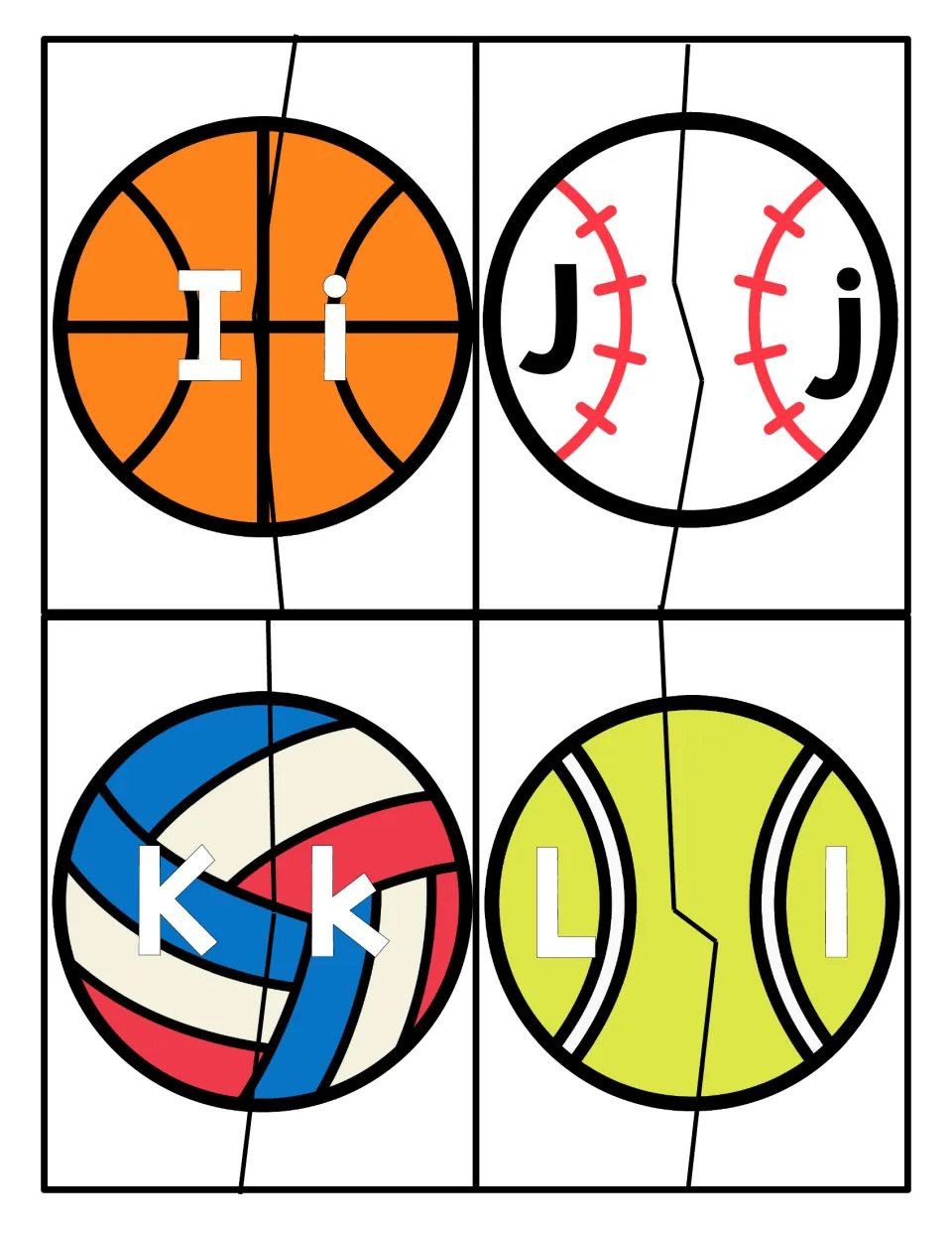 Letters I to L: students match capital and lowercase letters by fitting together halves of four sports ball puzzles