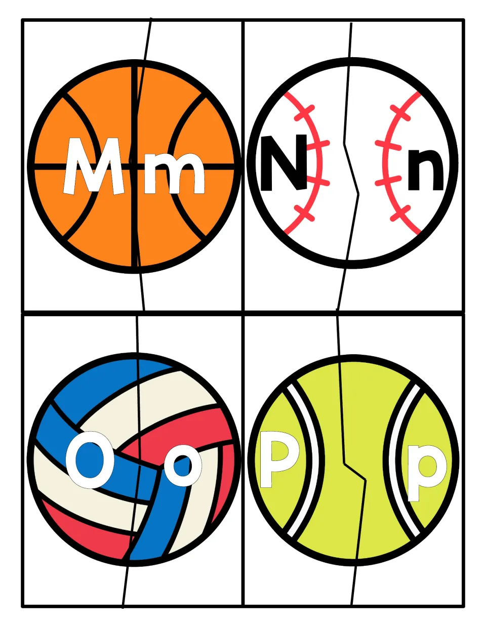 Letters M to P: basketball, baseball, volleyball and tennis ball puzzles, each pairing an uppercase and lowercase letter
