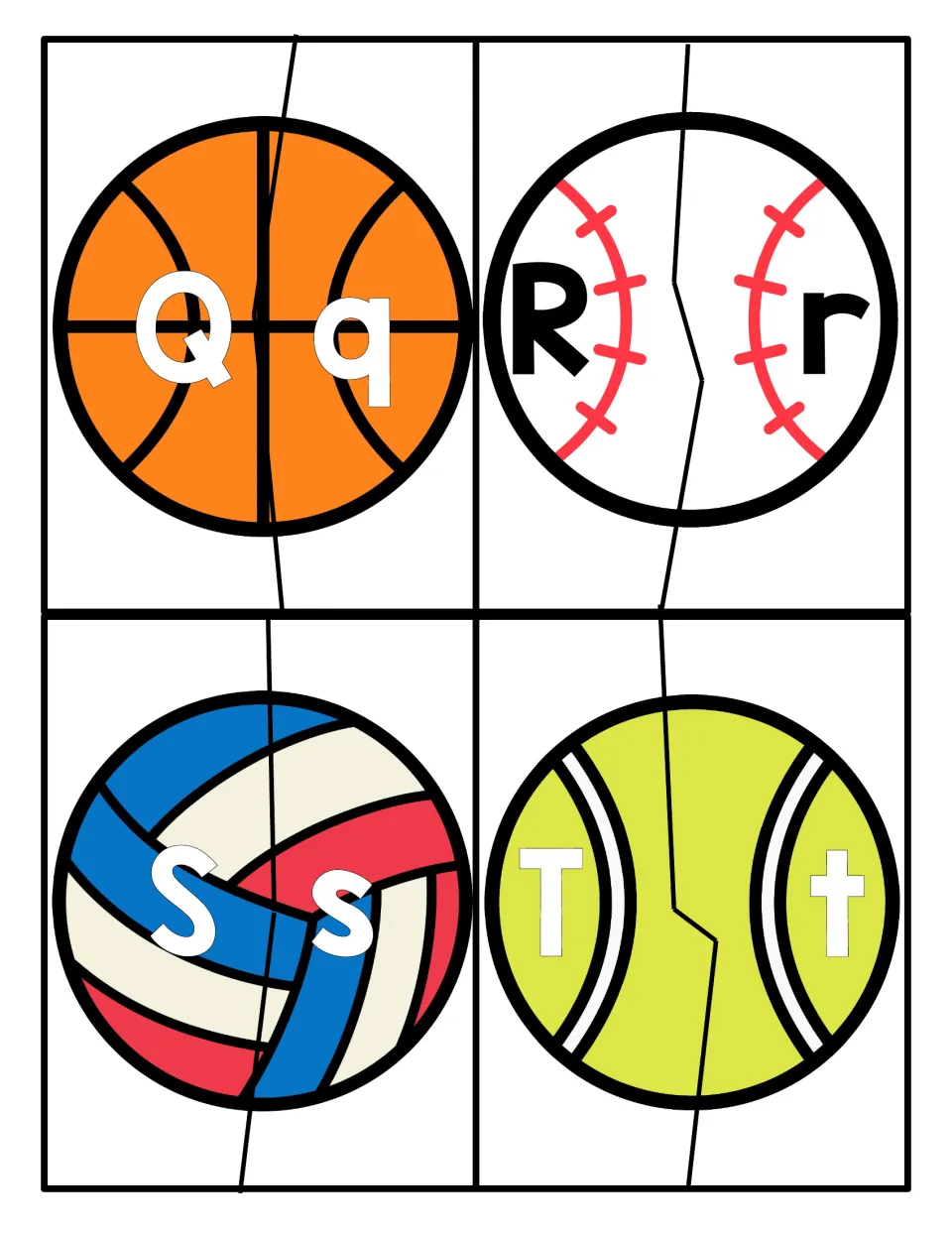 Letters Q to T: students cut each sports ball in half and rejoin it to pair capital Q, R, S, T with lowercase q, r, s, t