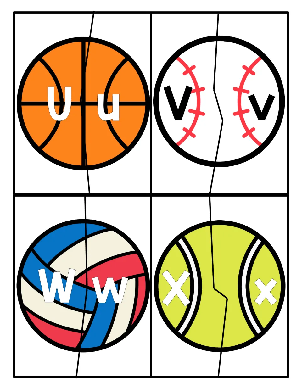 Letters U to X: two-piece sports ball puzzles for matching uppercase U, V, W, X to their lowercase forms