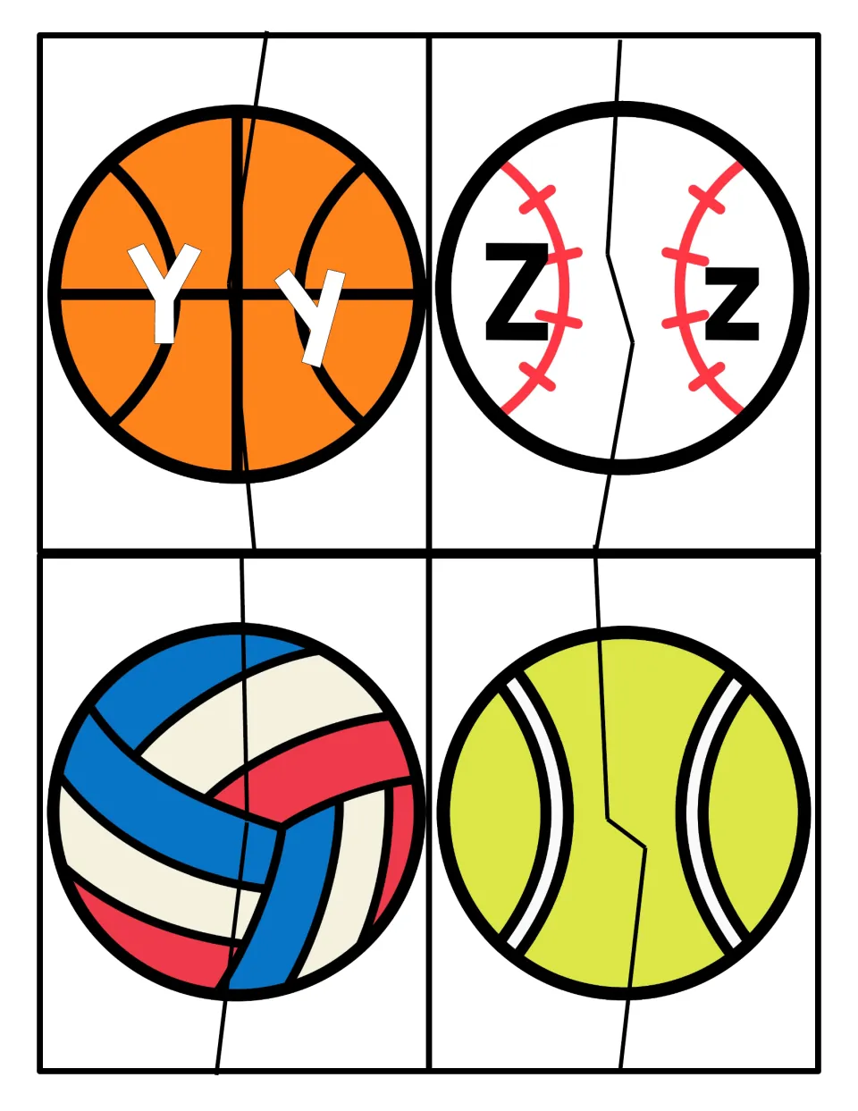 Letters Y and Z: basketball and baseball puzzles pairing Yy and Zz, plus blank volleyball and tennis ball puzzles