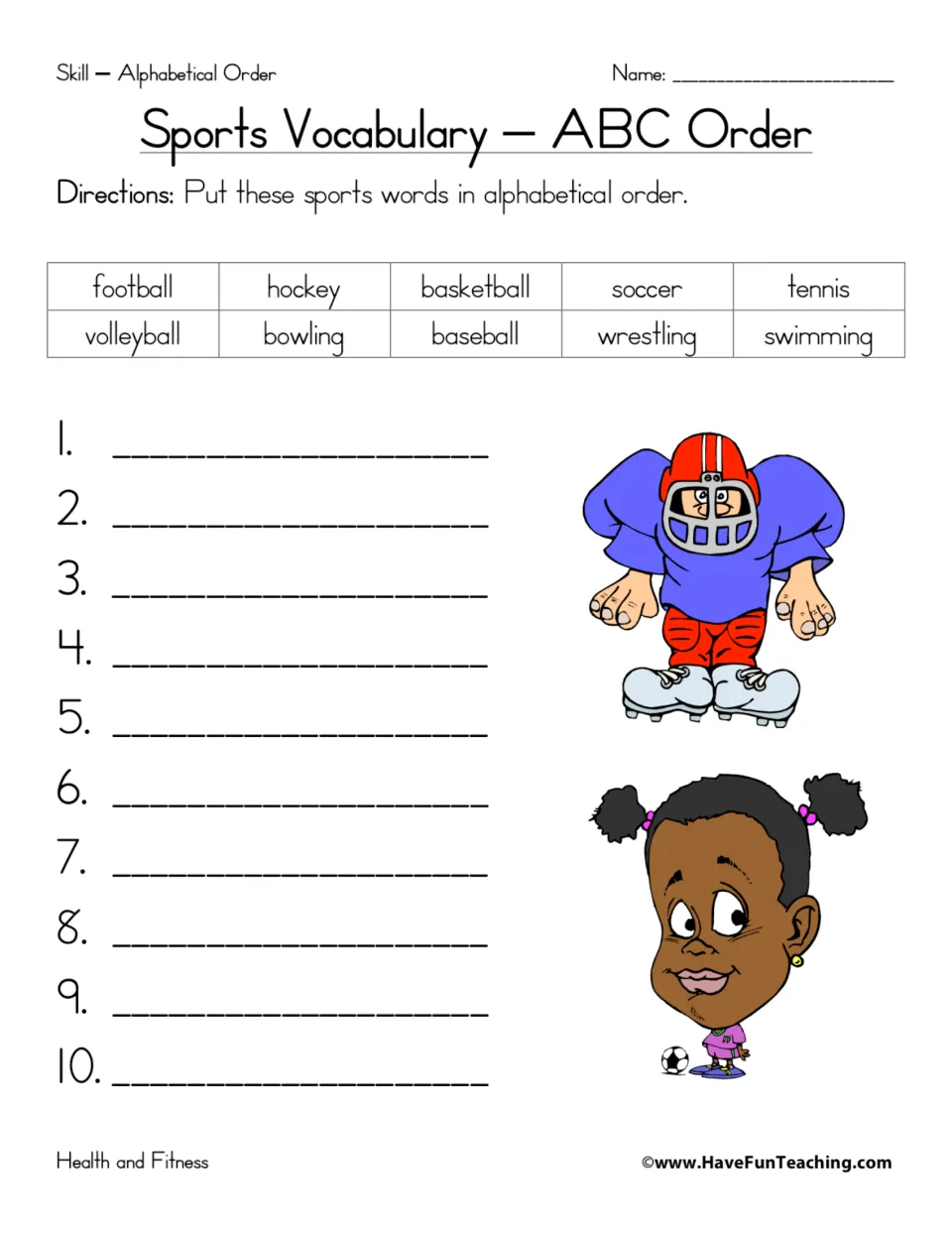 Sports Vocabulary ABC Order: students write 10 sports words, from football to swimming, in alphabetical order