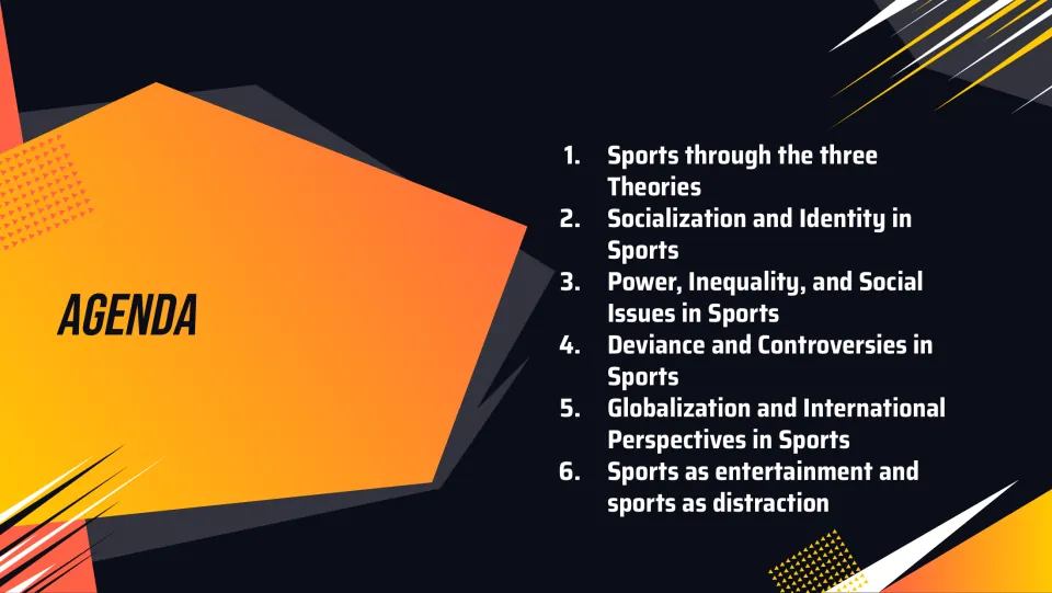 Unit agenda slide listing six topics, including sports theories, socialization, inequality, and deviance