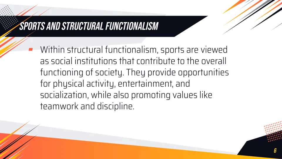 Structural functionalism lesson slide explaining sports as social institutions that promote teamwork and discipline