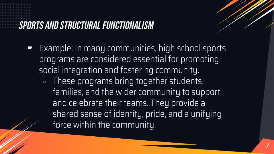 Structural functionalism example slide explaining how high school sports build community identity and pride