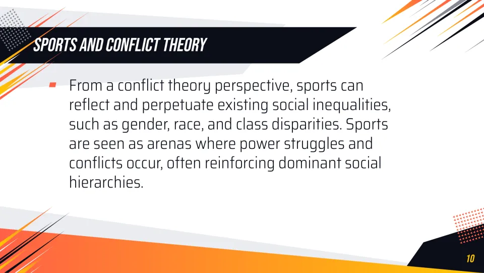 Conflict theory lesson slide explaining how sports reflect gender, race, and class inequalities and power struggles