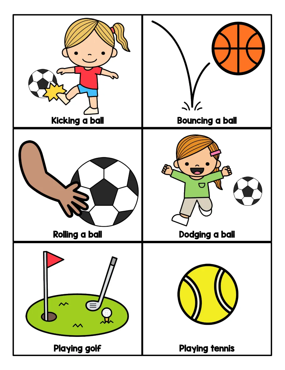 Ball-skill action cards to act out: kicking, bouncing, rolling and dodging a ball, plus playing golf and playing tennis