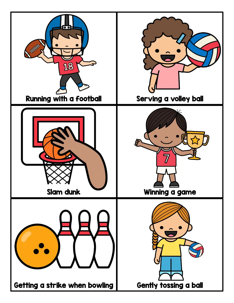 Action cards for running with a football, serving a volleyball, a slam dunk, winning a game, bowling a strike and tossing