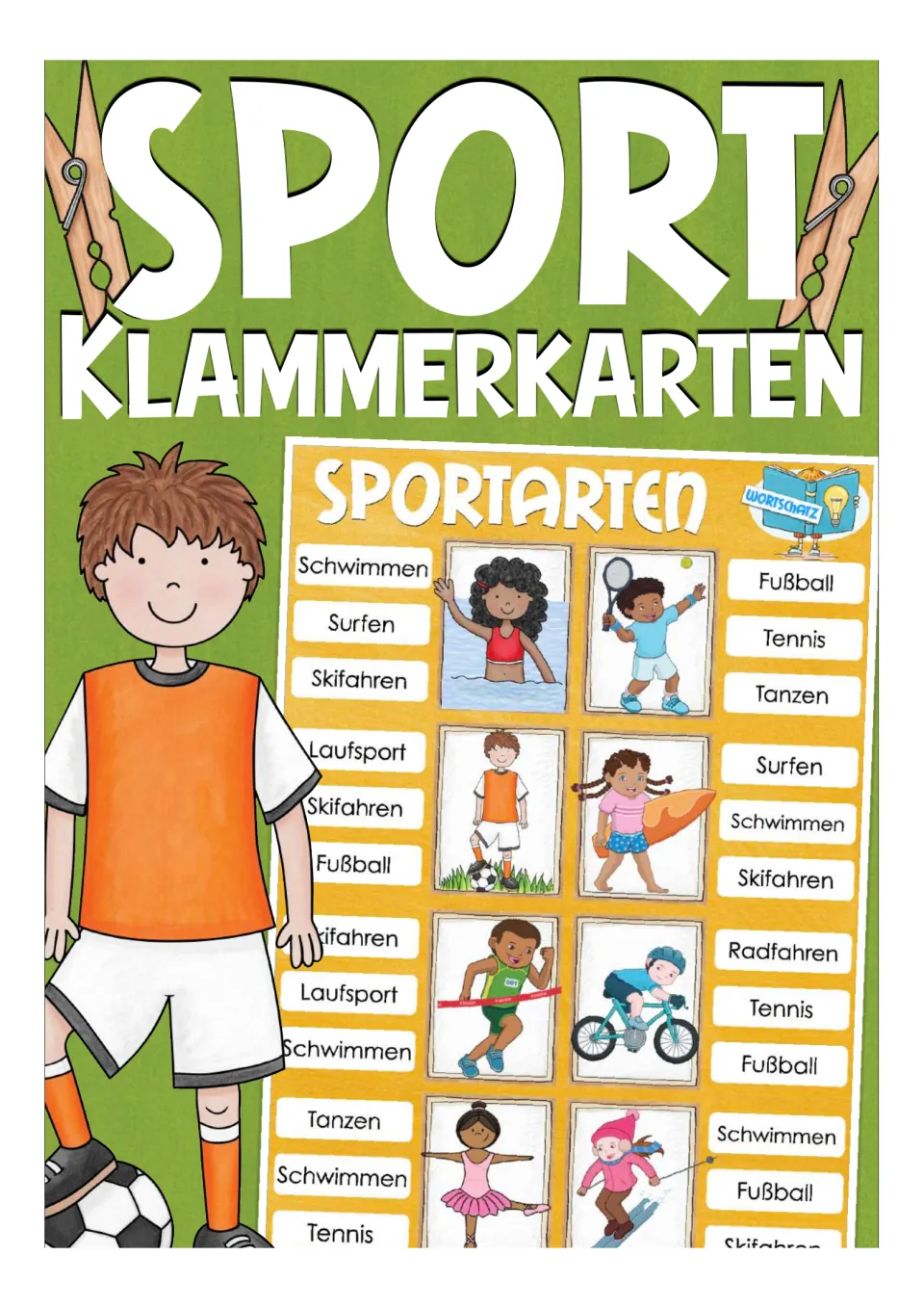 Cover of the German sports clip card resource, showing a sample of the picture-based vocabulary choices.